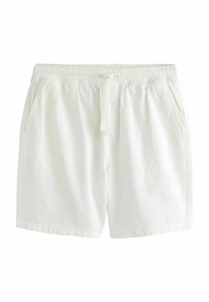 Hvide elastiske shorts med snøre foran og sidelommer, lavet af letvægtsstof.