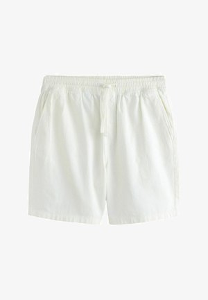 Pantaloni scurți albi cu talie elastică, șnur în față și buzunare laterale, fabricați din material ușor.