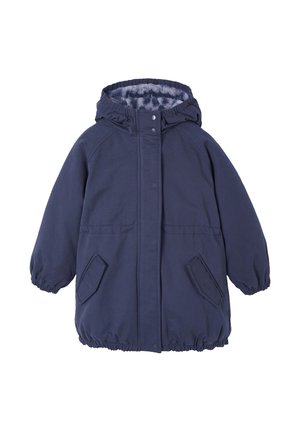 Marineblaue isolierte Jacke mit Kapuze, elastischen Bündchen und zwei vorderen Taschen. Weiche Innenausstattung und ein sicherer Druckknopfverschluss.
