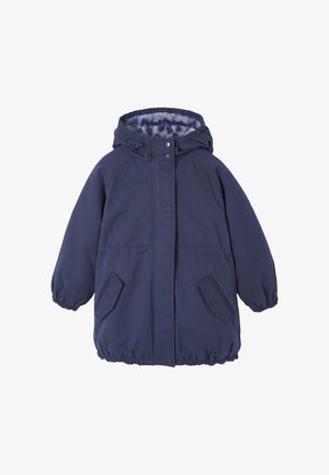 Navy blue insulated jacket with a hood, elastic cuffs, and two front pockets. Soft lining and a secure snap closure.