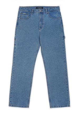 Jean en denim bleu avec une coupe droite. Comprend cinq poches, une fermeture à bouton et des pattes latérales à la taille pour un ajustement réglable.