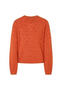 Orange stickad tröja med mönster av diamanter, med rund hals och ribbade ärmslut. Texturen är öppen och luftig, vilket framhäver den intrikata designen.