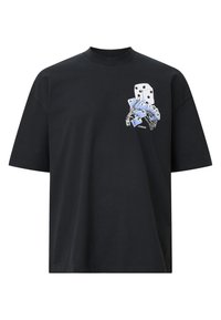 Black cotton t-shirt with a crew neck featuring a graphic design of dice and cards in blue and white on the left chest area.