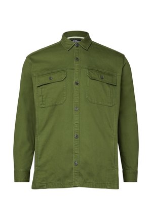 Camicia verde oliva a maniche lunghe con bottoni, colletto e due tasche con patta sul petto, realizzata in tessuto robusto.