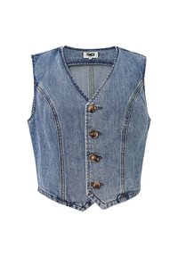 Denimweste in Hellblau mit V-Ausschnitt, ausgestattet mit fünf braunen Knöpfen vorne und taillierten Nähten für eine figurbetonte Passform.