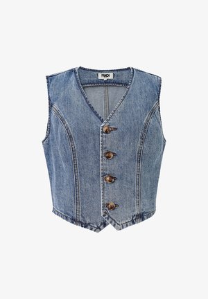 Gilet en denim bleu clair avec un décolleté en V, comportant cinq boutons marron sur le devant et des coutures ajustées pour un look cintré.