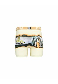 Boxer briefs pour hommes en tissu jaune clair avec un imprimé graphique noir et orange incluant du texte. Ceinture élastique avec une étiquette logo.