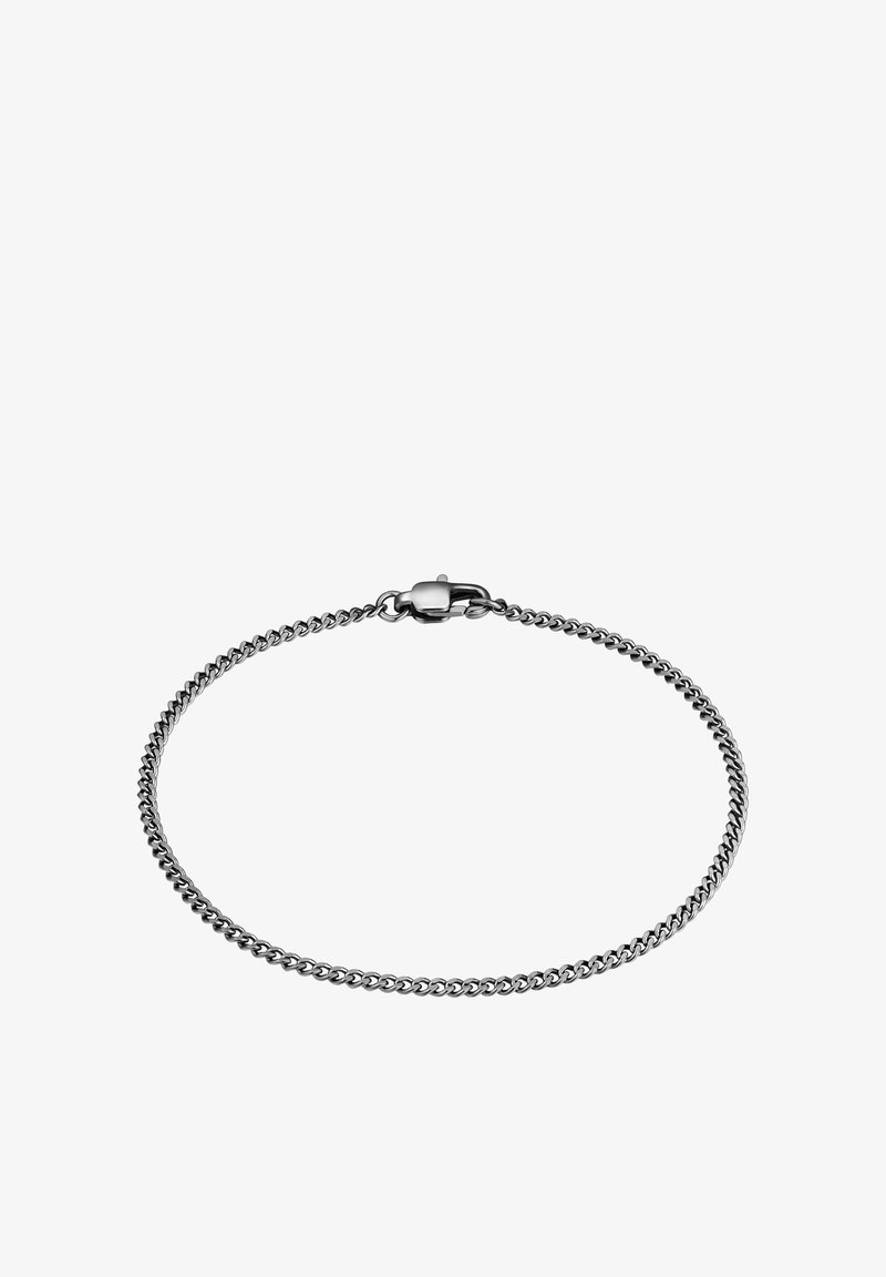 Sidabrinė grandinėlė, pagaminta iš poliruoto metalo, su tarpusavyje sujungtomis grandėlėmis ir tvirtu sagtimi. Lygi tekstūra su vienodu apdaila.