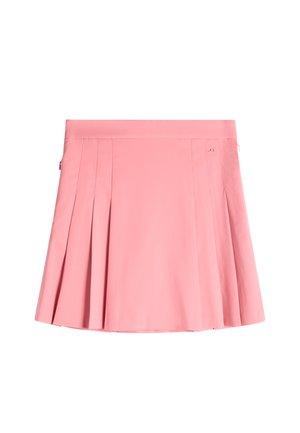 Vaaleanpunainen laskostettu minihame, jossa on vyötärönauha ja hienovaraiset saumat, suunniteltu rentoon tai urheilulliseen käyttöön.