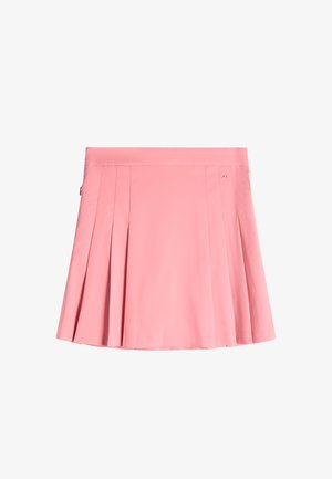 Vaaleanpunainen laskostettu minihame, jossa on vyötärönauha ja hienovaraiset saumat, suunniteltu rentoon tai urheilulliseen käyttöön.