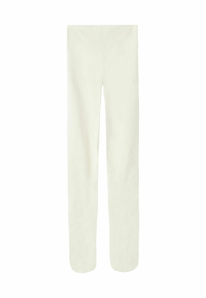 Bílé, úzké kalhoty vyrobené z měkké, strukturované látky s hladkým povrchem a rovnými nohavicemi, které mají elastický pas.