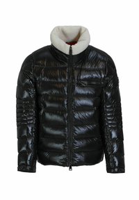 Black puffer jacket with a glossy finish, featuring a cream-colored shearling collar, front zip closure, and side pockets.