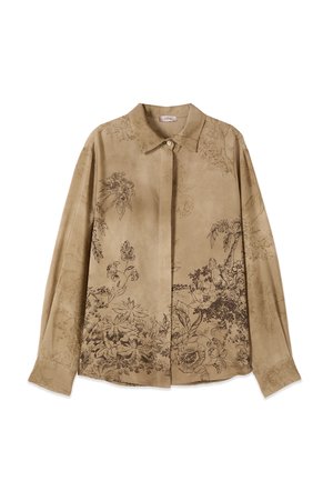 Camicia beige a maniche lunghe con bottoni e motivi floreali e botanici sottili in tonalità marrone scuro, con colletto appuntito.