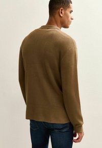 Brown knit long-sleeve polo sweater with a relaxed fit and ribbed collar, paired with dark blue jeans. Textured fabric, casual design.