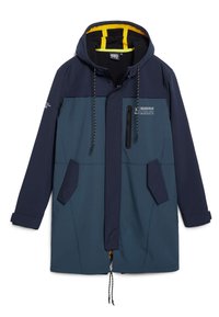 Veste imperméable bleu marine avec capuche, dotée d'une doublure jaune, de fermetures éclair et de poches, conçue pour une utilisation en extérieur.