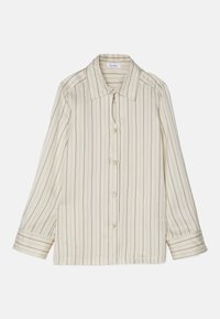 Camicia in cotone color crema con strisce verticali color marrone chiaro, colletto appuntito e maniche lunghe con dettagli ai polsi.