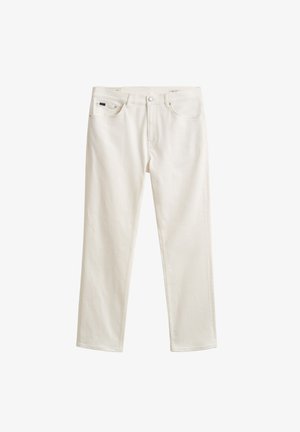 Weiße Jeans mit geradem Bein, vorn mit Knopf und Reißverschluss, vordere und hintere Taschen, flach auf weißem Hintergrund dargestellt.