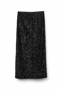 Jupe noire en sequins au design droit, présentant une surface texturée de sequins scintillants contre une taille lisse.