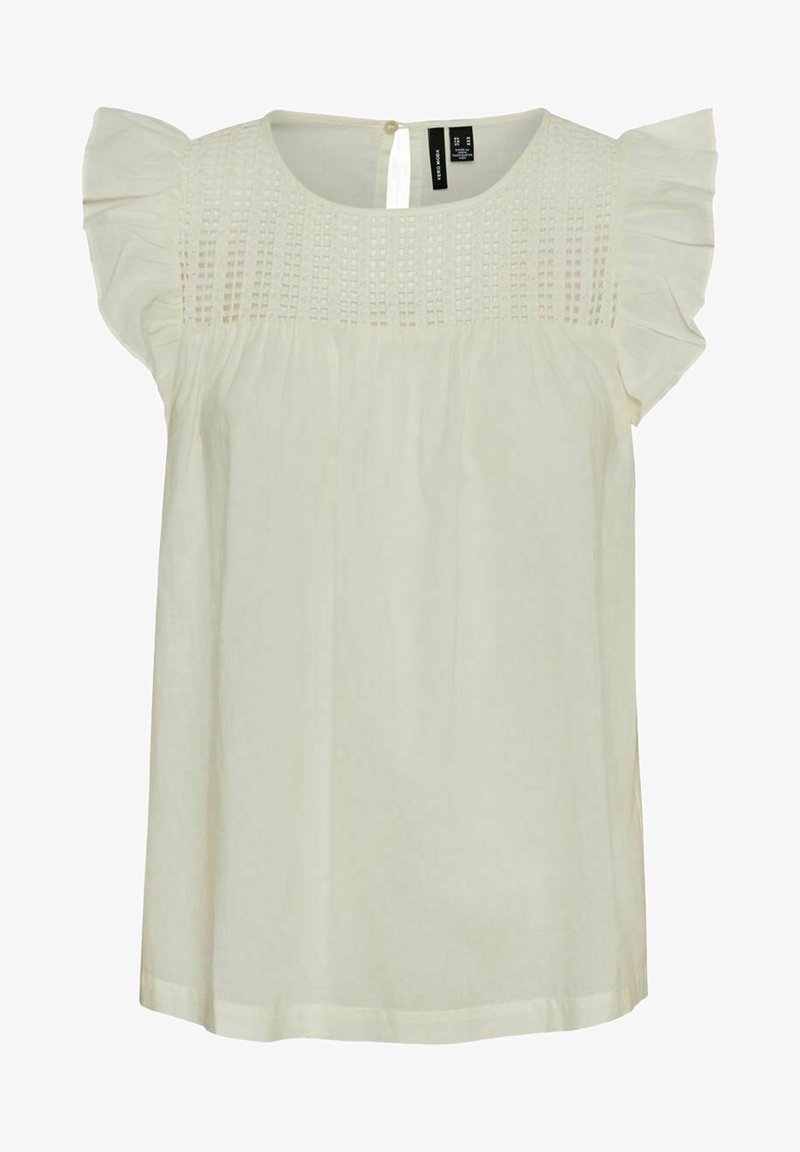 Blouse blanche sans manches avec épaules volantées, empiècement texturé, col rond et petite fermeture par bouton au dos.
