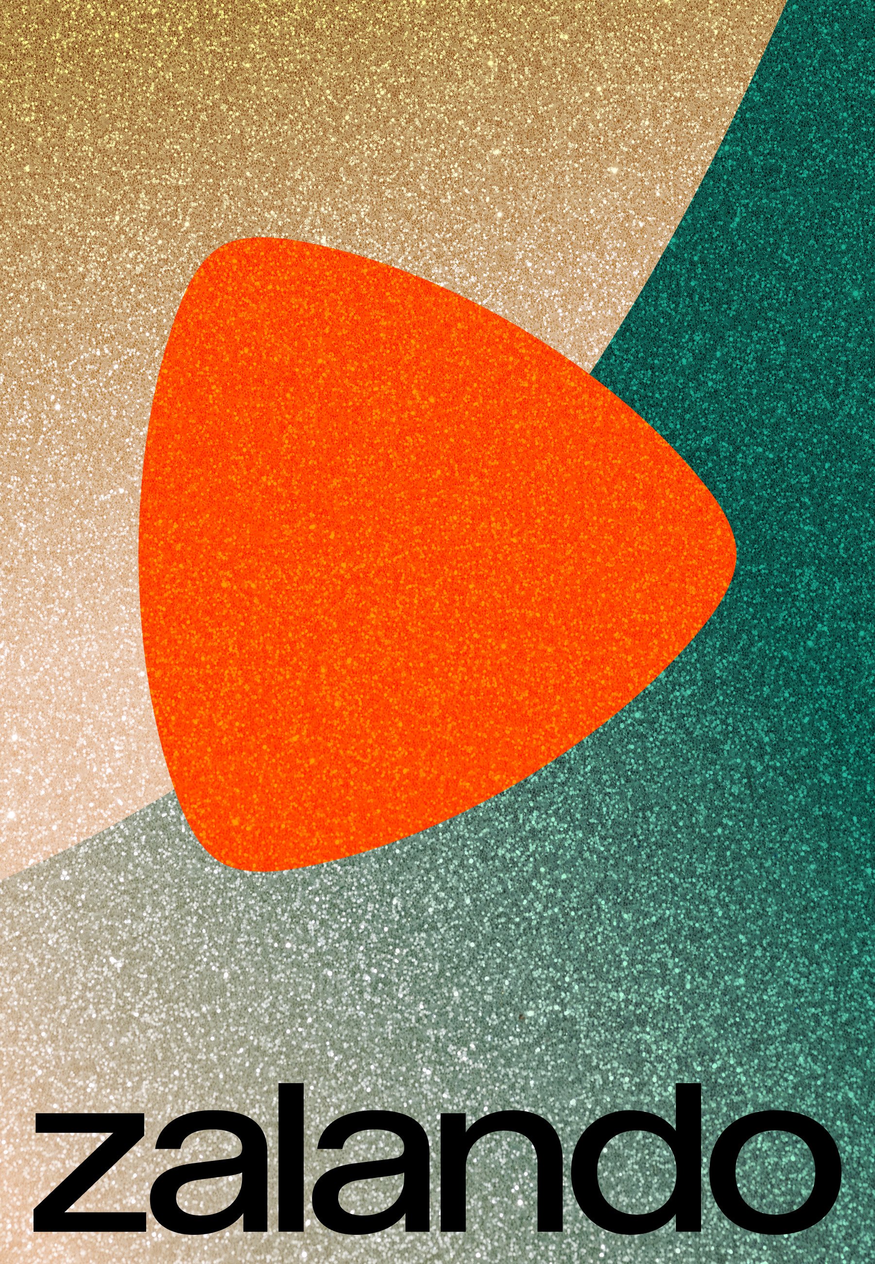 Färgglad abstrakt design med en orange triangel formad mot gröna och gyllene texturerade bakgrunder. Svart text "zalando" längst ner.
