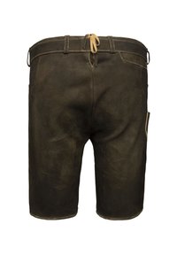 Braune Leder-Shorts mit lockerer Passform, ausgestattet mit einem Kordelzugbund, einer Gesäßtasche und glatter Textur. Schlichtes Saumbündchen und einfarbig.