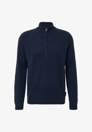 Navy gebreide trui met een hoge kraag, voorsluiting met rits en geribde boorden en onderrand. Heeft raglanmouwen en een textuurafwerking.