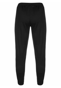 Pantalons de sport noirs avec une texture lisse, taille élastique, jambes fuselées et zips latéraux aux chevilles.