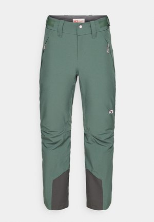 Pantaloni verdi da esterno con rinforzi grigio scuro su ginocchia e caviglie, tasche laterali con zip, passanti per cintura e cinturini regolabili in vita.