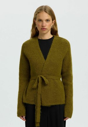 Femme aux longs cheveux châtain clair, portant des boucles d’oreilles anneaux, un cardigan enveloppant duveteux vert olive noué à la taille, et un chemisier noir en dessous.