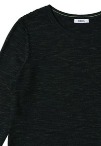 Dunkelgrüner Strickpullover mit Rundhalsausschnitt, strukturiertem Stoff und einem dezenten Melange-Muster, mit einem Etikett, das die Marke "Cecil" angibt.