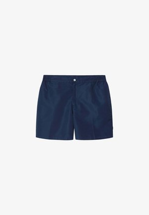 Navyblauwe zwemshorts van lichtgewicht materiaal, met een elastische tailleband, knoopsluiting en een eenvoudig ontwerp zonder patronen.