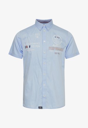 Cămașă scurtă de culoare albastru deschis, cu închidere prin buton, având texte și logo-uri imprimate și brodate. Material din bumbac moale, design casual.