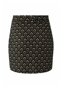 Svart minikjol med geometriska mönster i orange, krämfärgad och grå. Tyget har en texturerad yta med en figursydd design och midjeresår.