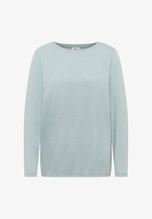 Top de manga larga color azul claro con cuello redondo, que presenta un sutil patrón de rayas horizontales y un ajuste relajado. Textura de tejido suave.
