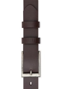 Brązowy skórzany pasek z prostokątną srebrną klamrą. Posiada dwa skórzane uchwyty i gładkie, teksturowane wykończenie.