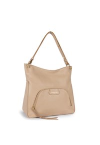 Beige leren tote bag met een enkele verstelbare schouderriem, voorzien van een voorzak met ritssluiting en een subtiele logo-detail. Soepele textuur en gestructureerde vorm.