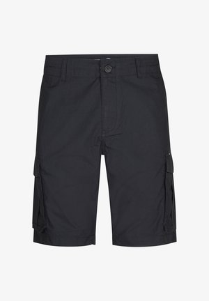 Pantaloni cargo neri realizzati in tessuto misto cotone, dotati di chiusura a bottone, tasche laterali e un taglio dritto per una vestibilità comoda.
