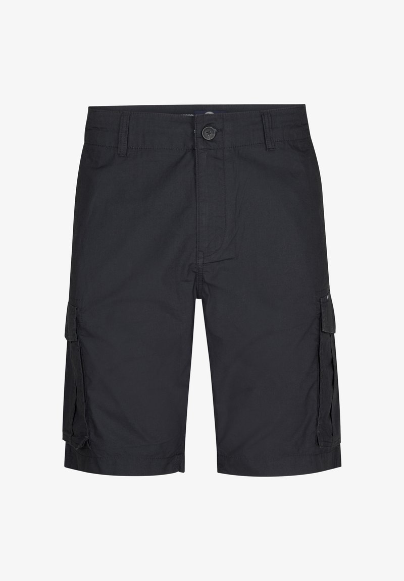 Pantaloni cargo neri realizzati in tessuto misto cotone, dotati di chiusura a bottone, tasche laterali e un taglio dritto per una vestibilità comoda.