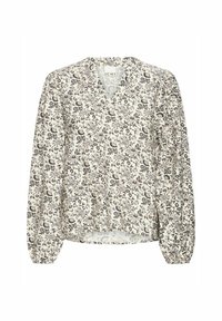 Bluse mit Blumenmuster, V-Ausschnitt, langen Puffärmeln und lässiger Passform. Helles Cremegewebe mit schwarzen und gedämpften lila Mustern.