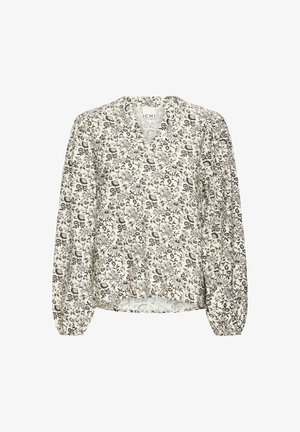 Bluse mit Blumenmuster, V-Ausschnitt, langen Puffärmeln und lässiger Passform. Helles Cremegewebe mit schwarzen und gedämpften lila Mustern.
