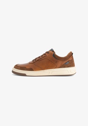 Brown leather and suede low-top sneaker with cream rubber sole and brown laces, side view on white background.