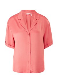 Blouse corail rose à manches courtes avec boutons sur le devant, col cranté et poignets retroussés, fabriquée en tissu lisse et léger.