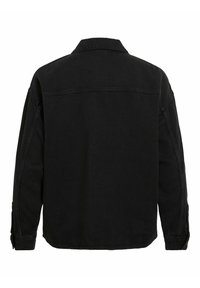 Must musträkkide takjaga must denimsärk, millel on pikad varrukad ja nööbid mansettides. Struktuurne kangas, lõdva istuvuse ja sirge hemiga.