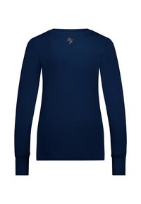 Mörkblå långärmad skjorta, tillverkad av slät tyg, med rund halsringning och en liten broderad logotyp på baksidan.