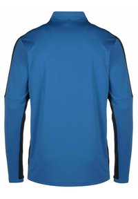 Blaues Langarm-Polohemd mit einer einfarbigen Textur. Mit einem schwarzen Akzent an den Seiten und einem flachen Kragen. Nur Rückansicht.