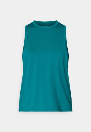 Türkiissinine varrukateta pluus, valmistatud siledast kangast, ümar kaelus ja sirge alumine äär. Minimalistlik disain ilma mustrite või aksentideta.