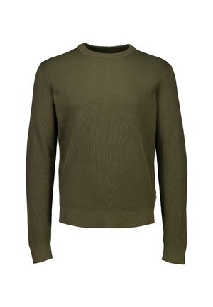 Olijfgroene geribbelde trui met een ronde hals, lange mouwen en een aansluitende zoom. Gemaakt van een zachte stof met een tekstuur.