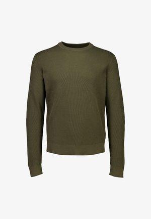 Olijfgroene geribbelde trui met een ronde hals, lange mouwen en een aansluitende zoom. Gemaakt van een zachte stof met een tekstuur.