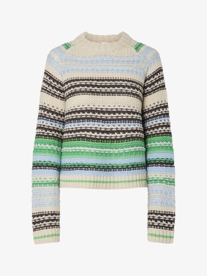 Prugasta pletena dukserica u raznim bojama: krem, smeđa, zelena i plava. Debeli rebrasti izrez i skraćeni dizajn s teksturiranim uzorcima.