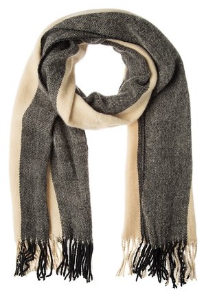 Écharpe en maille douce avec de larges rayures verticales crème et gris foncé, finie avec des franges torsadées aux deux extrémités.